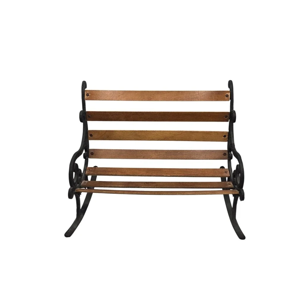 Cast Iron & Wood Mini Rocking Bench Decorative Garden Style Scrollwork Accent